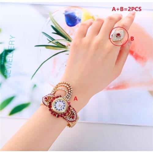 2 pcs Suit Womens watches Rhinestone Ring Watches Stainless steel Strap Round Dial Women Watch Digital Gift Girls Branded Clock