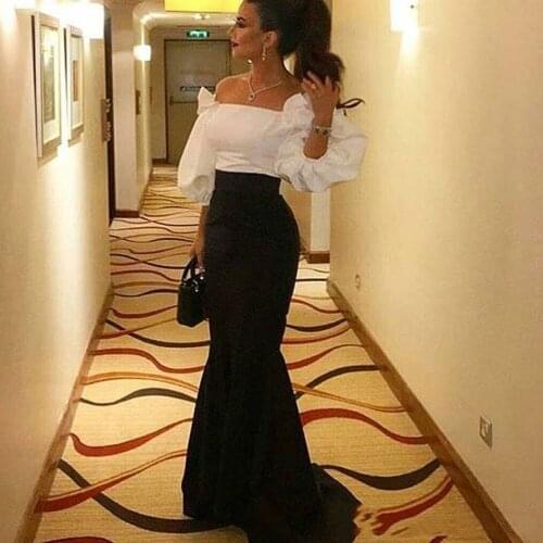 Black and Ivory Evening Dresses Off the Shoulder Puffy 3/4Long Sleeves Floor Length Mermaid Prom Gowns vestidos de fiesta
