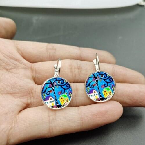 Color oil painting house tree earrings ladies abstract oil painting home glass earrings