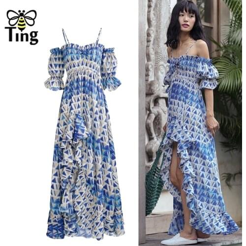 Tingfly Summer Designer Floral Geometric Ruffles Boho Long Dress Slash Neck Off Shoulder Bohemian Vacation Beach Vestidos Robes
