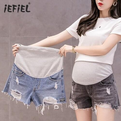 Summer Maternity Short Pants Pregnant Women Distressed Ripped Denim Shorts Pregnancy Adjustable Waist Belly Shorts Plus Size