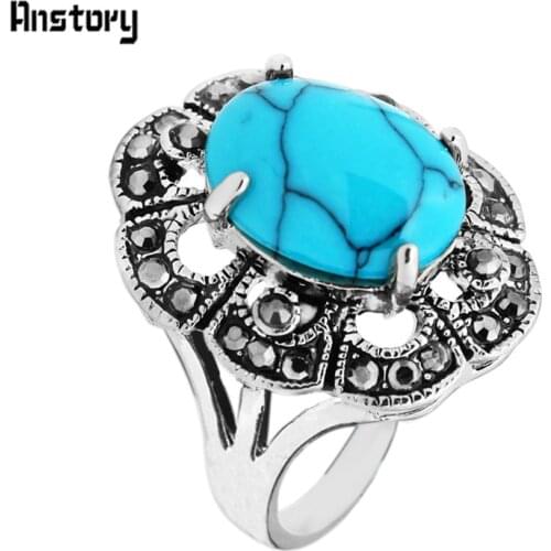 Cute Plum Flower Rhinestone Blue Stone Rings For Women Vintage Look Antique Silver Plated Fashion Jewelry TR408