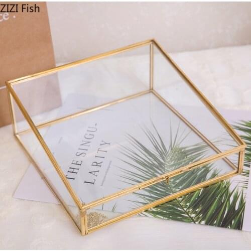 European Style Polygonal Vintage Copper Side Glass Jewelry Cosmetic Storage Box Jewelry Display and Storage