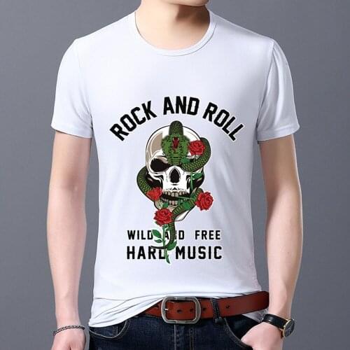 Mens T-shirt Street Cartoon O-neck Gothic Flower Skull Bamboo Leaf Green Snake Pattern Printed Top Breathable Casual T-shirt