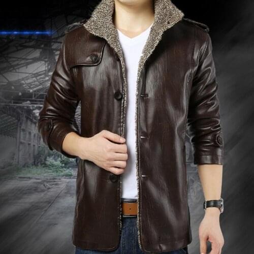 Men Winter Jacket Stand Collar PU Leather Buttons Pockets Men Jackets Fleece Plus Size Warm Jacket chaquetas hombre erkek mont