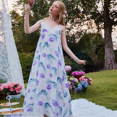 2021 Summer New Sexy Suspender Lace Long Nightgowns COTTON Sleeveless Ankle-Length Floral Spaghetti Strap Victorian Dress