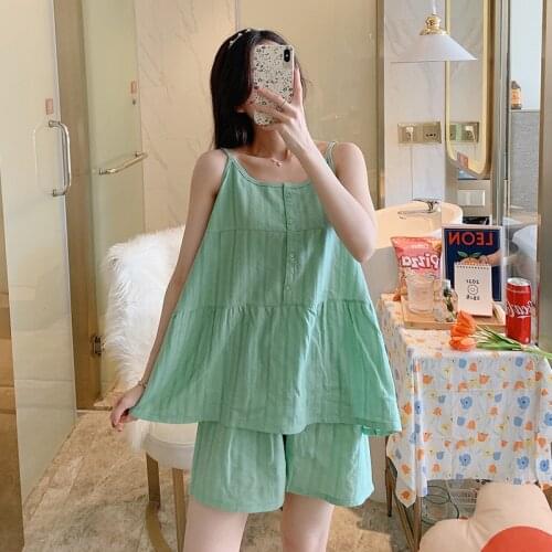 2021 Spring And Summer Leisure Cotton Womens Pajamas Solid Color Spaghetti Strap Shorts Pajama Sets Home Wear Nightwear