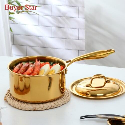 Thicken Golden stainless steel Boiling pot with lid kitchen soup Milk cooking pan long anti-heat handle cookware for restaurant