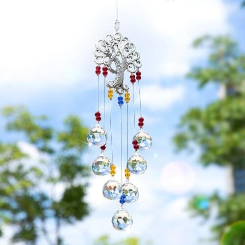H&D Crystal Ball Suncatcher Rainbow Maker Hanging Crystal Pendants with Metal Tree of Life for Home Garden Porch Window Decor