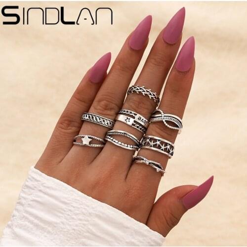 Sindlan 8Pcs Boho Hollow Star Finger Rings Set for Women Charm Silver-Color Thorns Open Female Fashion Fingers Jewelry Anillo