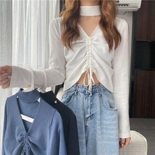 Women Slim Full Sleeve Halter V-neck Cropped Sweater Shirts Lady Stretchy Draw String Crop Tops Sweaters Jumpers For Girls