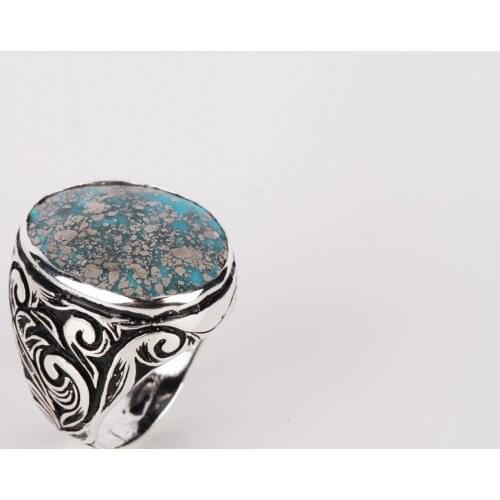 UM US JEWELRY Turquoise Natural Stone Hand Embroidered 925 Sterling Silver Men Ring