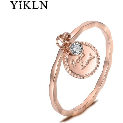 YiKLN Stainless Steel Rose Gold Color AAA CZ Crystal Sinusoid Shape Rings For Girls Good Luck Coin Charm Christmas Gift YR18143