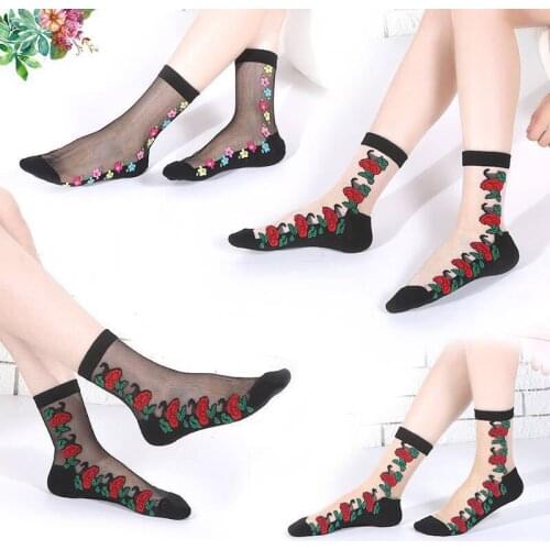 AWAYTR 2020 New 10 PCS Women Embroidery Flowers Socks Summer Ladies Girls Transparent Lace Mesh Floral Socks Hosiery Gauze Sock