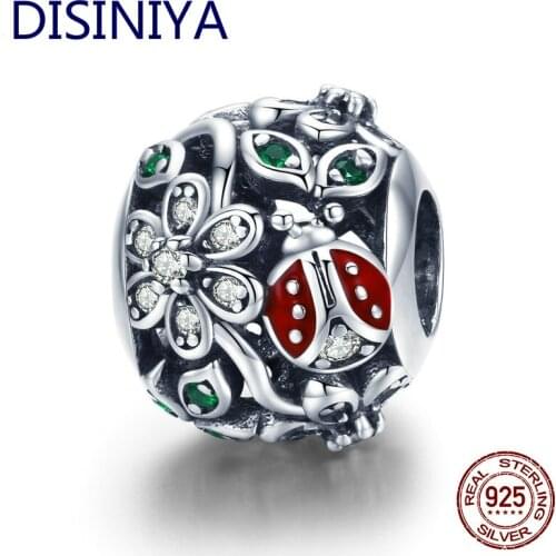 DISINIYA New Ladybug and Flower S925 Sterling Silver Accessories Silver Beads Pendant Beads ZSCC33926