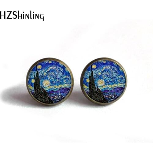 HZShinling Women Stud Earrings Van Gogh Painting The Starry Night Art Paintings Fashion Glass Sunflower Earrings Women HZ4