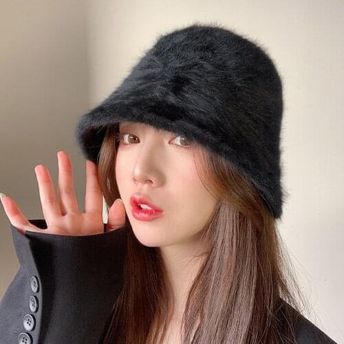 Winter Womens Fashion Solid Color Rabbit Fur Hat Bucket Hat Fisherman Hat Outdoor Warm Basin Hat Ladies Panama Bucket Hat