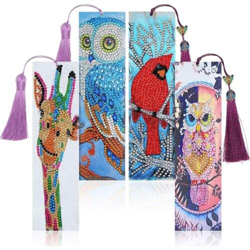 4 Sets 5D Diamond Painting Bookmarks Animal Tree Leather Tassel Bookmark with Diamond Painting Tools for Kids Adults Beginner