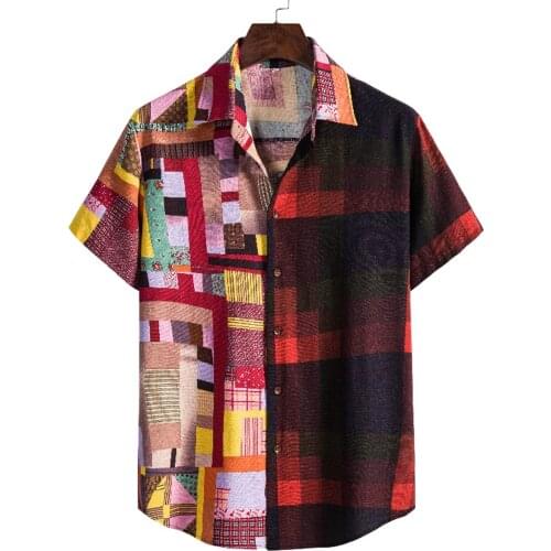 55# 2021 Mens Baggy Cotton Linen Print Short Sleeve Button Retro Shirts Tops Blouse Camisa Masculina Hawaiian Streetwear