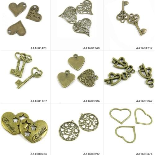 Antique Bronze Plated Jewelry Making Charms Heart Ring Made with Love Hearts Star Skeleton Key Crafting Craft Beading