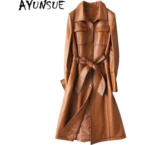 AYUNSUE Genuine Leather Jacket Women 2020 Vintage Natural Sheepskin Coat With Belt Long Spring Autumn Trench Female 28214 YQ2178