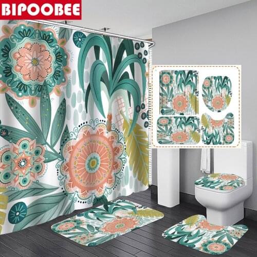 Bohemian Shower Curtain Green Plants Leaves Flowers Pattern Pedestal Toilet Cover Non-slip Rug Bath Mat Fabric Bathroom Curtains