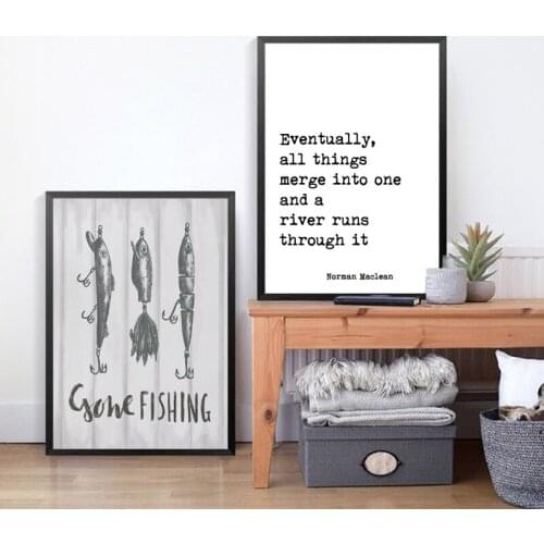 Gone Fishing Fisherman Lure Sign Lake House Wall Art Canvas Poster Print Norman Maclean Quotes Painting Office Home Wall Decor
