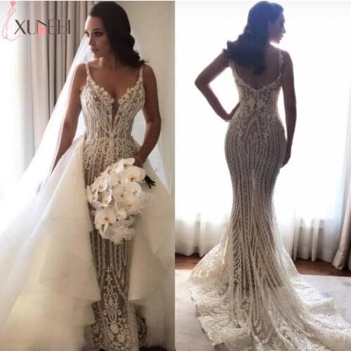 Hot New Arrivals Appliques Lace Mermaid Wedding Dresses Robe de Mariee Sexy V-Neck Transparent Bead Wedding Bridal Gown