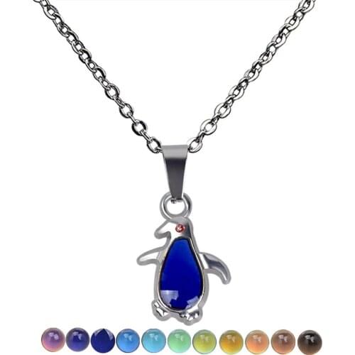 JUCHAO Mood Necklaces Cute Penguin Temperature Control Color Change Pendant Stainless Steel Chain for Women Jewelry Gothic