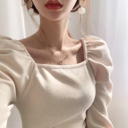JuneLove Chic Square Collar Clavicle T Shirt Vintage Slim Fit Pleated Puff Sleeve Solid Blusas Autumn Spring Casual Knitted Tops