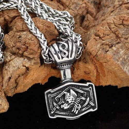 Men stainless steel Viking Nordic Thor hammer odin wolf Mjolni pendant necklace
