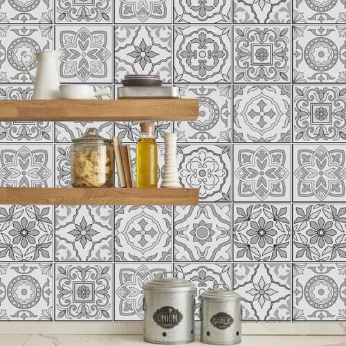 Retro Grey Decorative Moroccan Tiles PVC Tile Stickers,Retro Wall Art Decal,Adhesive Waterproof Kitchen Bathroom Furniture Decor
