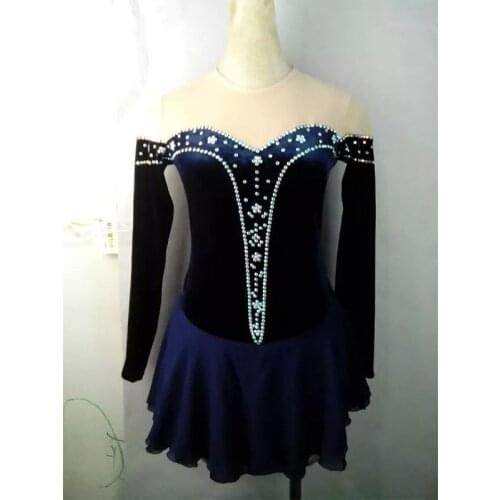 RUBU Ice Figure Skating Dress Women Black Long Sleeve Skating Custome Performance Skirt Diamond Dress for Competition Girl