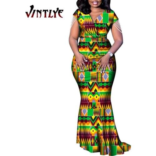 Ankara Fashion Floral Print Women Dresses African Style Elegant V-neck Evening Gowns Pleated Pearl Decor Dashiki Outfit WY9198