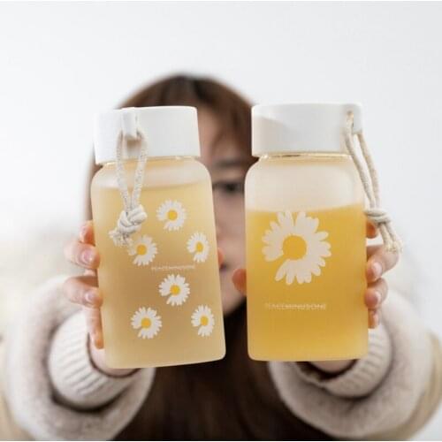 Portable Cartoon Glass Water Bottle Cup With Rope Cute Plastic Water Cup Cute Kids Girl School Lovers Bottles Flask Pink