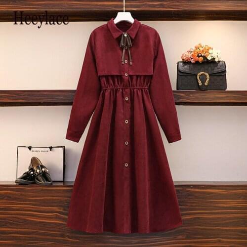 Plus Size Women Vintage Mori Girl autumn Winter Dress 2020 Bow collar Long Sleeve Single-breasted A-line Midi Dresses for women