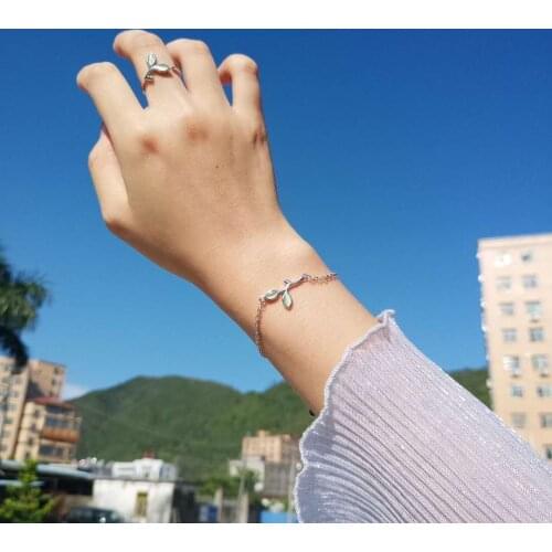 Adjustable Opal Green Leaf Buds Charm Pendent 925 Sterling Silver Bracelet & Bangles For Women Creative Jewelry