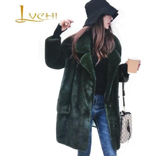 LVCHI Winter 2019 Import Swan Velvet Green Mink Fur Coats Womens Turn-Down Collar Long Sleeve Pockets Causal Solid Mink Coats