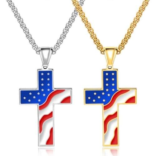 Hip Hop Rock American Flag Cross Pendants Necklace Men Gold Color 316L Stainless Steel Jewelry Drop Shipping