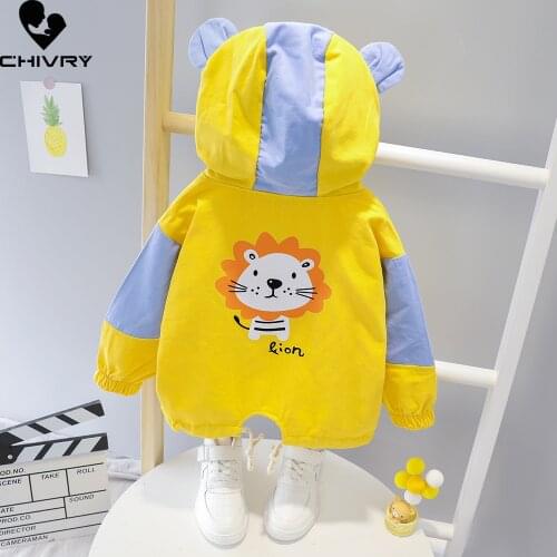 New 2021 Spring Autumn Baby Boys Coat Kids Jackets Girls Outerwear Fashion Hooded Cartoon Lion Print Zipper Windbreaker Clothing