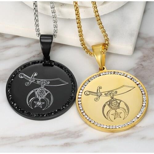 Reiligous Jewelry Gold Black Round Shape Masonic Shriner Necklaces 316l Stainless Steel Men Masonic Necklace