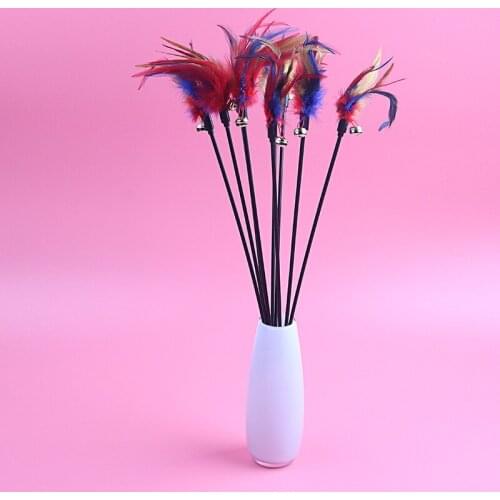 Funny Cat Stick Toys Colorful Turkey Feathers Tease Cat Stick Interactive Bell Toys For Cats Playing Pet Supplies Accessories