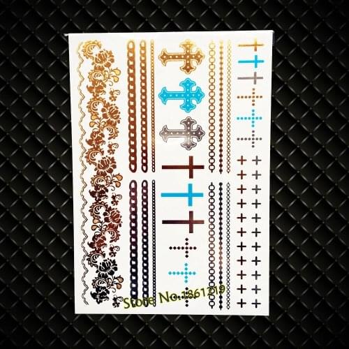 Healthy Cross Temporary Tattoo Gold Color, Women Fashion Fake Metallic Waterproof Tattoo Stickers, Henna Bracelet Chains Tatoos