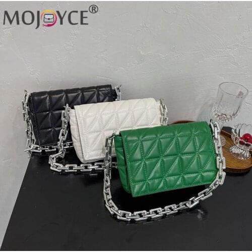 Leisure Ladies Pure Color Underarm Bags Female PU Leather Thick Chain Checker Shoulder Bags Small Armpit Bags