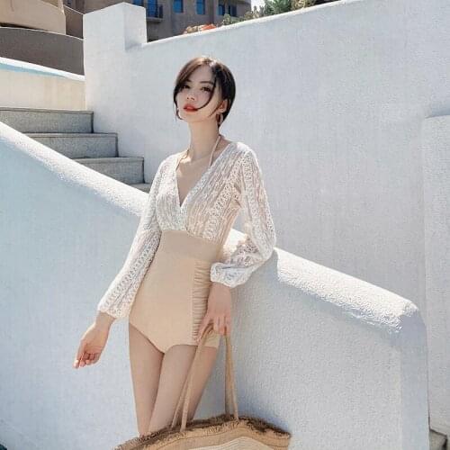 Swimsuit Fused Female One Piece Sexy Swimwear Long Sleeve Beach Swim Suits Women 2021 Korean Sweet Onepiece Bathing Polyester