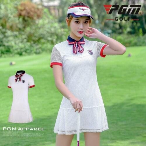 PGM Women Fitness Golf Dress Ladies Short Sleeve Breathable Mesh Golf Dresses Lace Fashion Slim Quick Dry Sportswear D0978