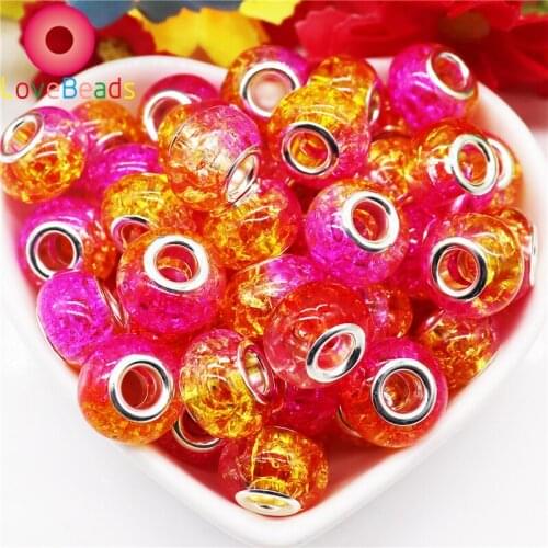 10Pcs Handmade Crackle Flower Art Muranos Large Hole Round Spacer Beads Silver Plated Core Fit Pandora Bracelet Chain Jewelry