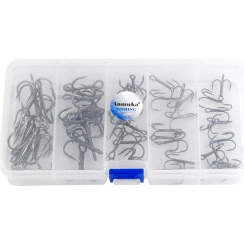 50pcs/set Strong Fishing Hooks Sharpened Treble Hooks 5 Sizes 2/0# 1# 3# 5# 7# Fishhook