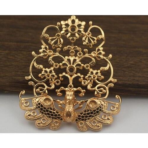 6pcs Brass Casted Filigree Flower Phoenix Pendant Oriental Charms Cabochons Base Findings DIY Bridal Wedding Hair Jewelry Making