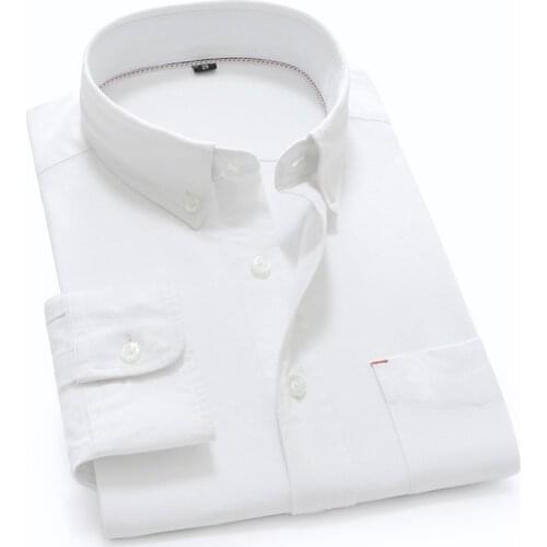 White 100% cotton oxford Casual Shirts for Men Long Sleeve Solid Business Mens Dress Shirt Button Collar Plain Mans Clothing